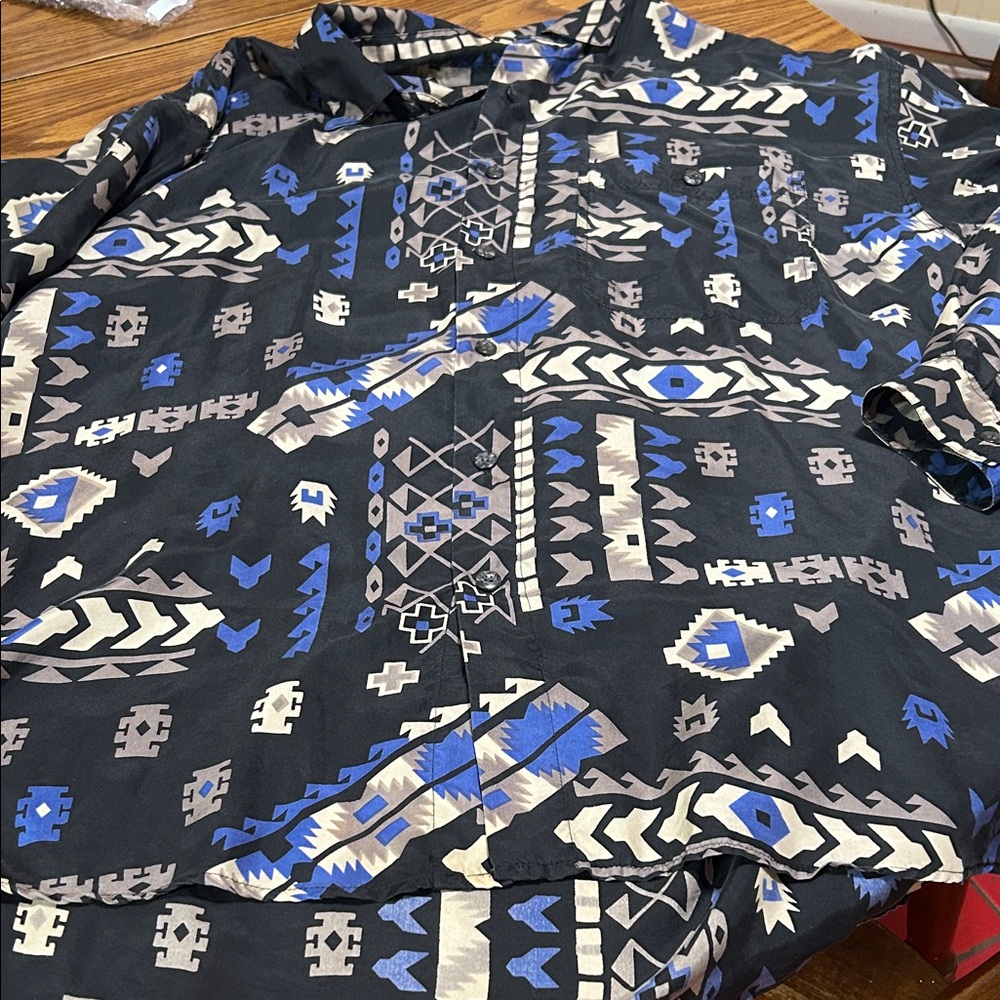 Vintage Summa Silk Black & Blue Geometric Print Long-Sleeve Men’s Shirt